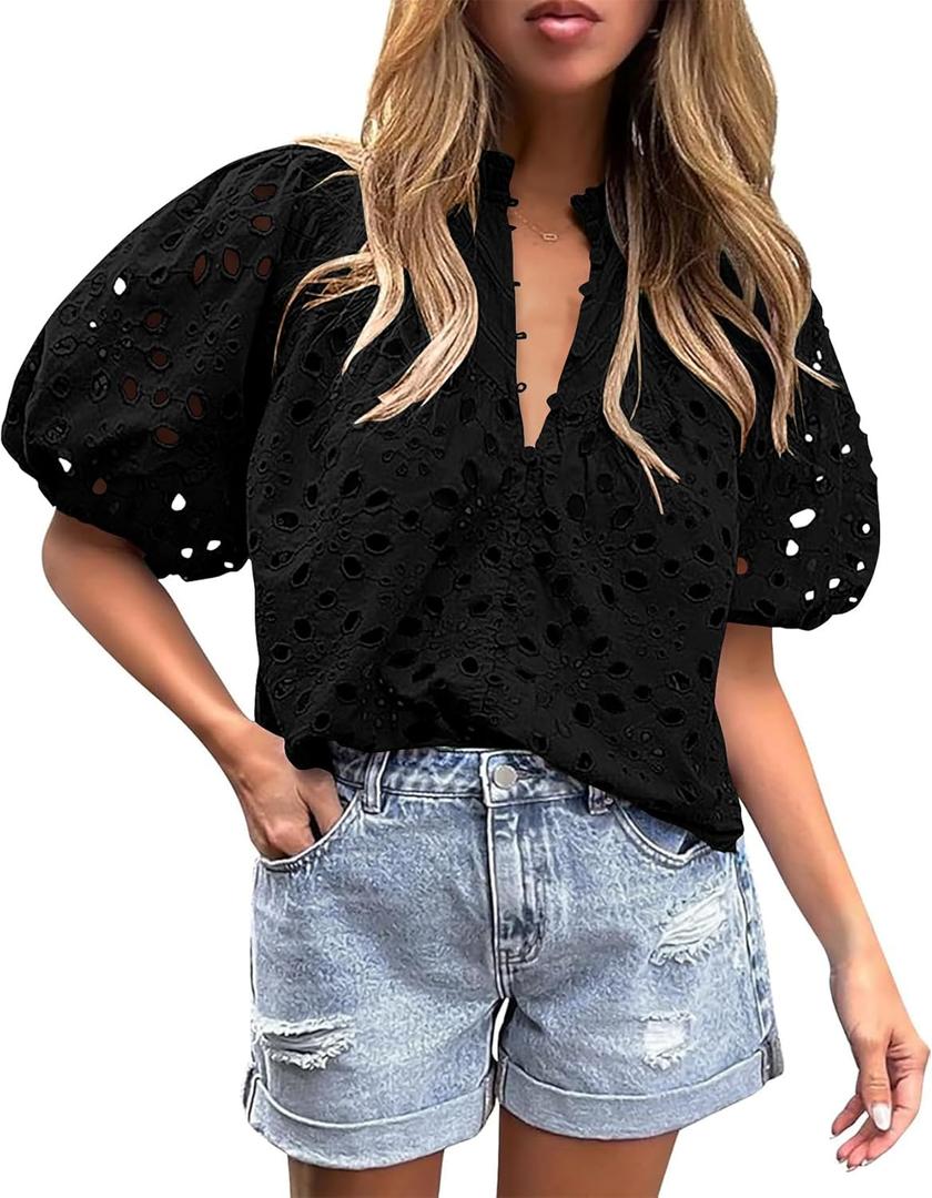BETTE BOUTIK Women's Long Short Sleeve Tops 2025 Dressy Casual Button Hollow Out Lace Embroidered Blouses Shirts (Large, Black)