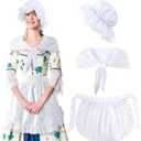 Hercicy 3 Pieces Colonial Costume Set White Mob Cap Bonnet Shawl Waist Apron Pilgrim Costume Accessories for Women Girls (Classic)