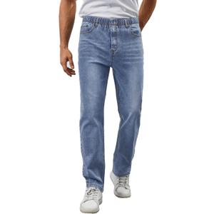 WICUSION Mens Elastic Waist Jeans Relaxed Fit Stretch Denim Pants Straight Leg Jean with Zipper, Light Blue 3XL