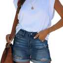 KISSMODA Denim Shorts Women Trendy Button Summer Cut Off Short Womens Jean Shorts High Waisted Denim Hot Ripped Shorts (Blue, M)