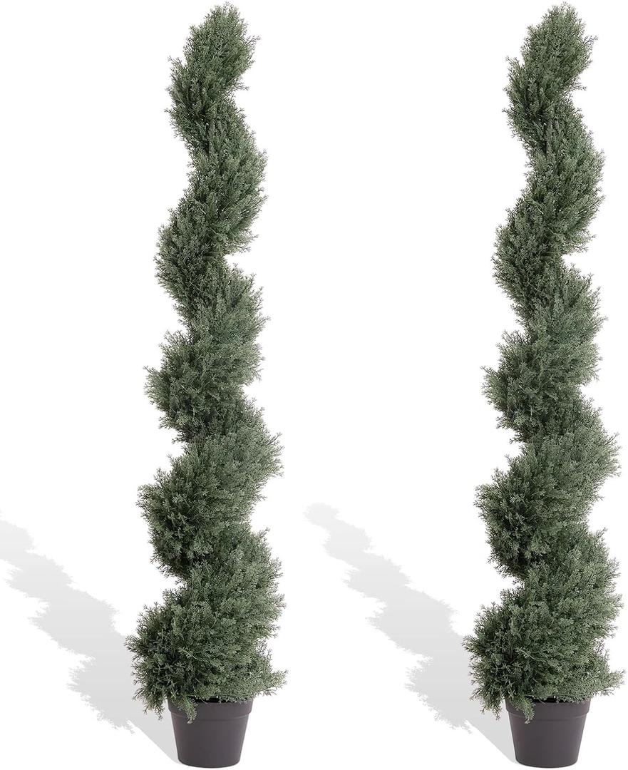 THE BLOOM TIMES 5ft Spiral Artificial Topiary Trees Set of 2, Faux Cedar Trees for Outdoor Planters - Fake Twist Cypress Plants for Garden Front Porch Indoor Outside Christmas Decor 5 Foot (Cedar Dark Green)