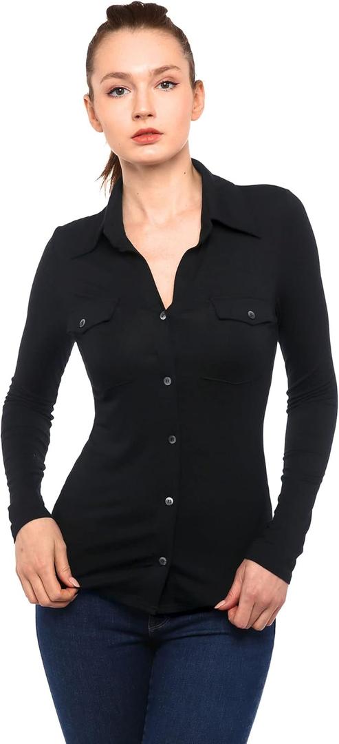 AmlieBoutik Women Collar Button Up Short/Long Sleeve Blouse Shirt (X-Large, Black)