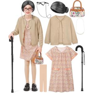 8 Pieces Old Lady Costume for Girls, 100 Days of School Costume for Kids Grandma Wig Granny Dress Cosplay Outifits (3-4T, Light Khaki Cardigan and Orange-white Nightgown)