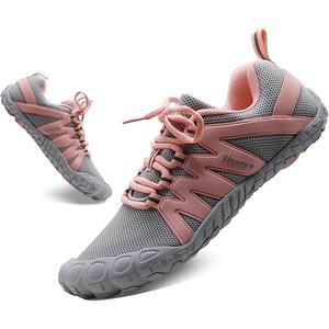 Weweya Women's Minimalist Barefoot Trail Running Shoes Runner Outdoor Beach Yoga Rowing Cycling Shoes Cross Training HIIT Work Out Gray Pink US Size 8 8.5