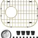 Universal Stainless Steel Sink Protector, Double Sink Bottom Grid Sink Rack with Rear Drain Hole for Kitchen Sink, 16 x13 Inches (Gold)