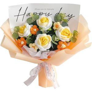 Completed Crochet Flowers Handmade Knitted Bouquet [ Rose Puff flower Fairy Light Gift Card Bag Kit ] for Mother Valentine Birthday Wedding Home Decor (Yellow)