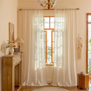 MYSKY HOME 96 Inch Length Farmhouse Semi Sheers Light Filtering Privacy Drapes for Sliding Glass Door, Bohemian Country Style Draperies with Tassel Back Tab, 50" W96" L, Linen, 2 Panels