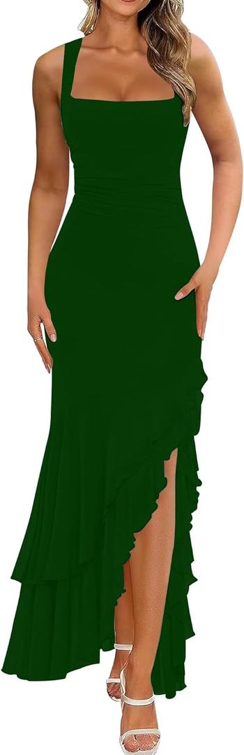 BORIFLORS Women's Elegant Bodycon Ruched Maxi Cocktail Dress Mesh Sleeveless Mermaid Ruffle Beach Wedding Guest Long Dresses, Medium, Dark Green