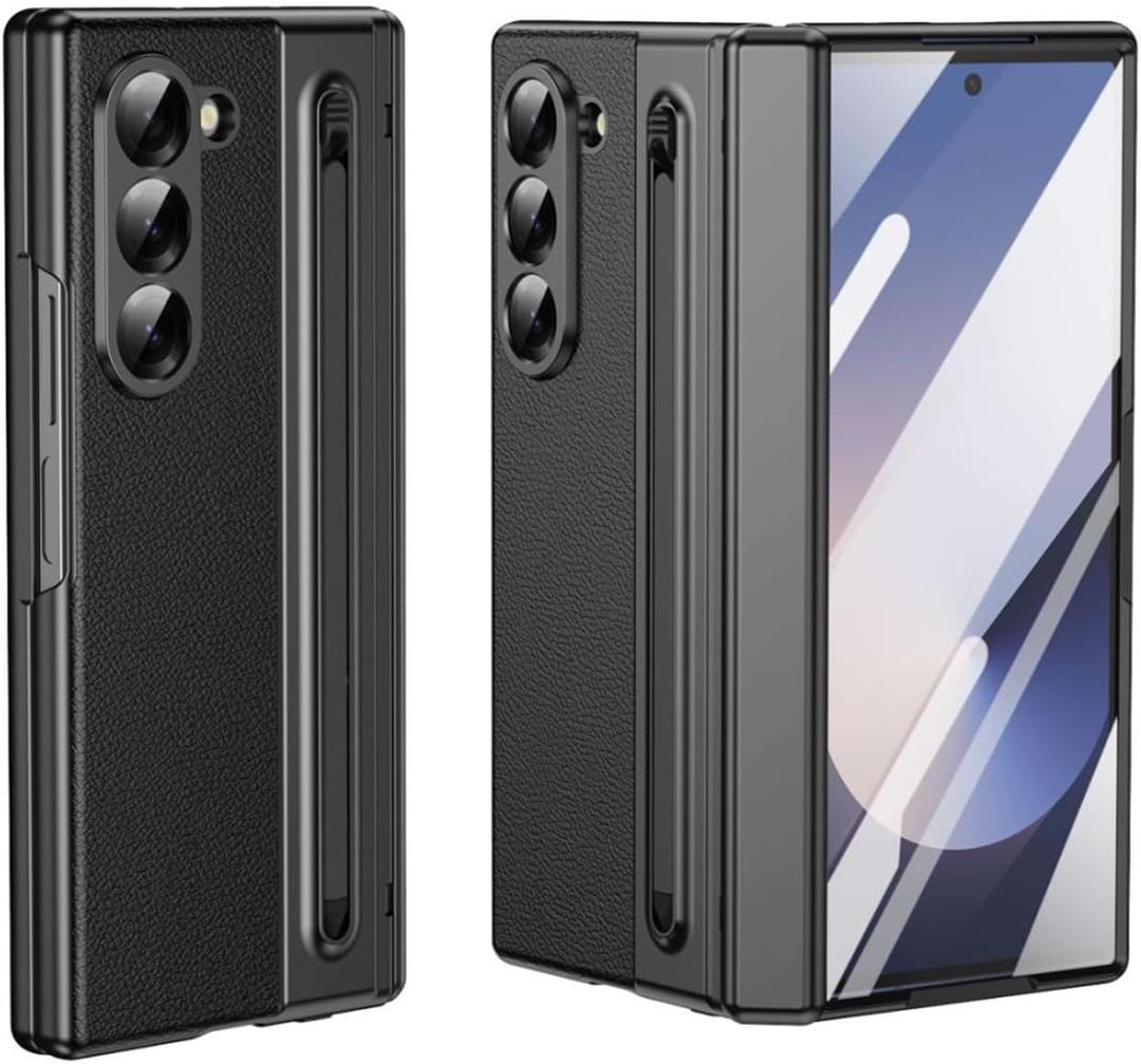 for Samsung Galaxy Z Fold 6 Case with Built-in Compact Writing Pen,Leather Texture,Hinge Protection Wireless Charging,Slim S Pen Phone Case Black 23-Z Fold6-04