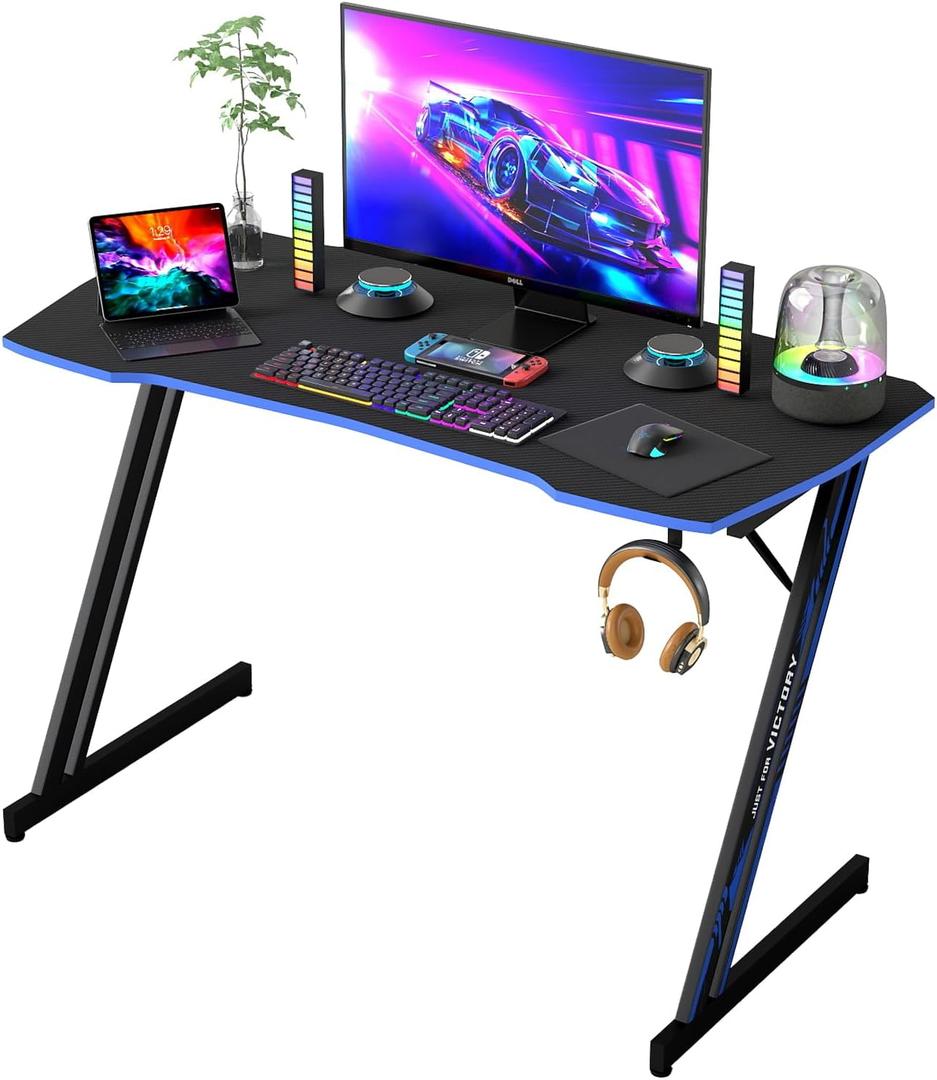BestOffice 39" Gaming Desk Computer Gaming Desk Z Shaped Gaming Workstation Ergonomic Gaming Table with Headphone Hook for Game Players,Black&Blue