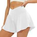 FireSwan Crossover Athletic Shorts for Women 2 in 1 Flowy Running Shorts with Pockets Spandex Butterfly Workout Tennis Skorts (White), M