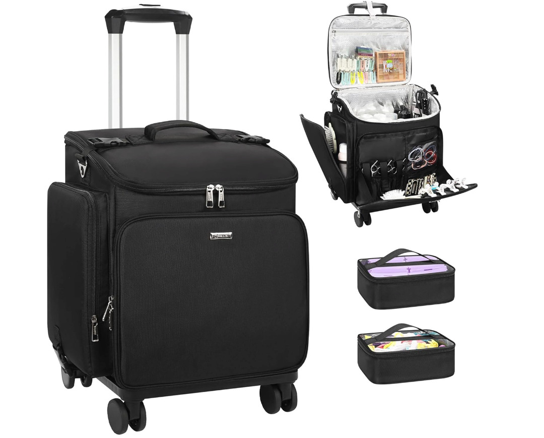 Relavel Rolling Makeup Case, Hair Tools Travel Bag Cosmetology Case on Wheels with 2 Clear Bags, Professional Hairstylist Bag Makeup Artist Storage Train Case Barber Organizer with 360° Spinner Wheels, Missing Pieces
