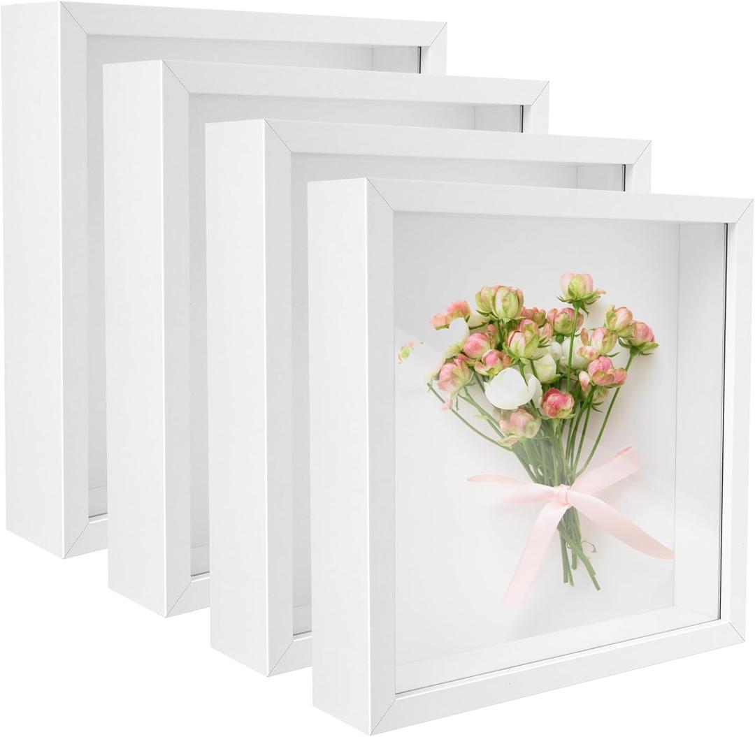 4 Pack 8"x 8" Shadow Boxes Frame Display Cases Wood Deep Shadowbox for Photos, Dried Flowers, Handicrafts Picture Frames for Wall Tabletop (White, 8x8)
