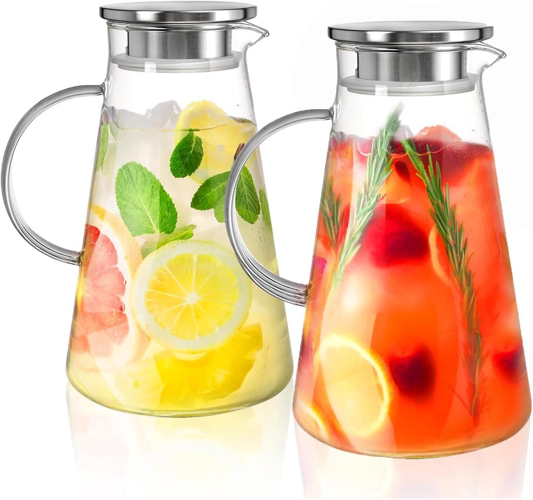 Nicunom 2 Pack 68 oz Glass Pitcher with Lid, BPA-Free Glass Water Jug Carafe Heat Resistant Ice Tea Pitcher for Juice, Sangria, Lemonade, Milk, Coffee, Cold and Hot Beverages