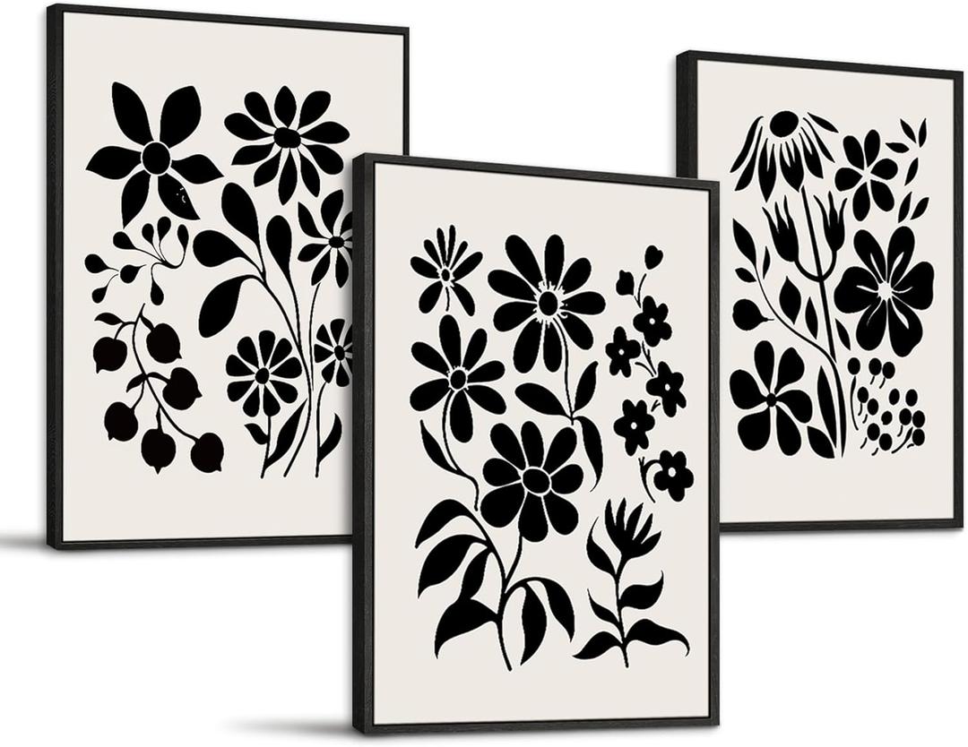 SERIMINO Black and White Wall Art Framed Bedroom Decor Aesthetic, Botanical Floral Canvas Wall Art for Living Room Boho, Set of 3 Flower Market Prints Farmhouse Wall Decor,16 x24 inch