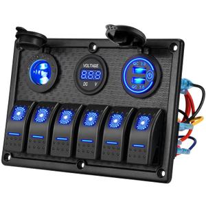 Kohree 6 Gang Marine Boat Rocker Switch Panel Waterproof + USB Switch, 12 Volt RV Led Switch Panel for Marine Boat Car Truck, Digital Voltmeter Display QC3.0 Dual USB Charger Port DC 12V Socket 12/24V