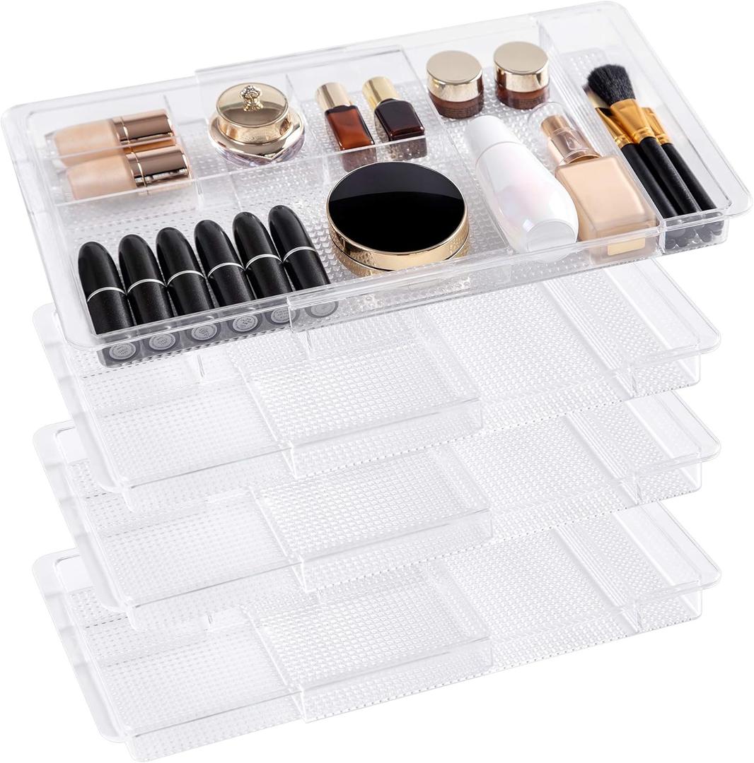 Oubonun Expandable Drawer Organizer 11.1 to 19.2 Width, Shallow Cosmetic Organizer 1.3 Height, 4 Packs, Clear Plastic Storage Trays for Dressing Table, Bathroom