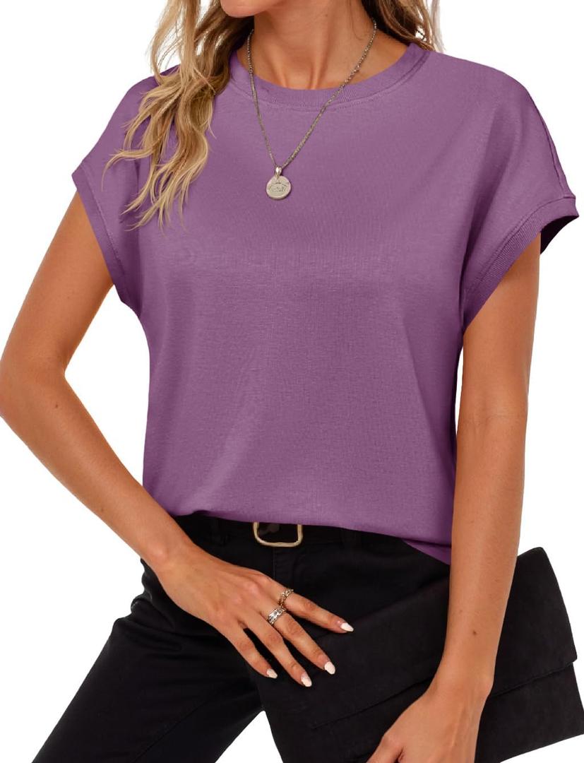 Cicy Bell Womens Cap Sleeve Shirts Tops Casual Crew Neck Tank T-Shirts (Purple)