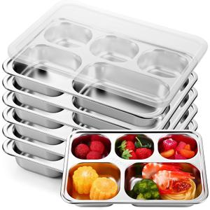 Honeydak 6 Pack Stainless Steel Snack Containers with Lids Compartments Stainless Steel Lunch Box Reusable Meal Prep Lunch Containers for Home Travel Work Camp Party (Middle 5 Compartment)