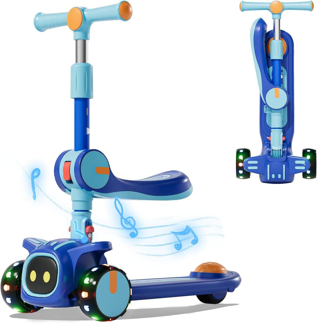 Unbreakable & Never Fall Down 2-in-1 Scooters Kids 3 Wheel Kick Scooter for Boys Girls Ages 3-8, Adjustable Height & Seat, Widened Non-Slip Deck, More Safer for Beginner Toddlers (Light blue (type 2))