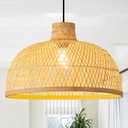 Rattan Wicker Pendant Light 15.75in Hand-Woven Bamboo Lighting Fixture, Boho Hanging Dome Lights Chandelier for Dining Room Kitchen Island Lobby Restaurant Hallway Bedroom
