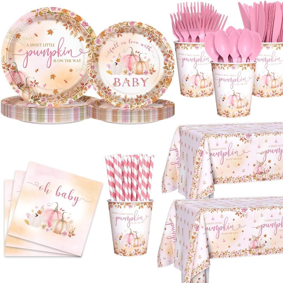 194 pcs Pumpkin Baby Shower Decorations Fall Pumpkin Party Plates for Girls A Sweet Little Pumpkin is On the Way Autumn Baby Shower Paper Plates Napkins Disposable Dinnerware Serves 24 Guests (Pink)