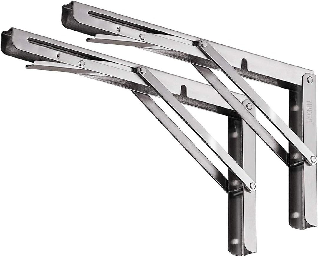 YUMORE Folding Shelf Bracket 18",Heavy Duty Stainless Steel Collapsible Shelf-Bracket Max Load 330lbs Wall Mounted Table Support Hinge for Space-Saving DIY Work Bench with Install Screws, Pack of 2 (Silver)