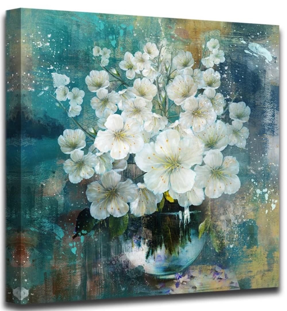 Anolyfi Bathroom Botanical Florals Prints Wall Art Rustic White Flowers Plants Canvas Painting Teal Picture Abstract Artwork Framed for Nursery Bedroom Living Room Kitchen Office Home Decor 20"x20", White / Flowers Print