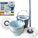 Casabella Spin Mop System with Extra Mop Head Refill - Two-Bucket Design with Splash Guard Built-in Measuring Cup and Scraper Tool with Easy Wring Pedal Spinner, 1.25-Gallon, Blue