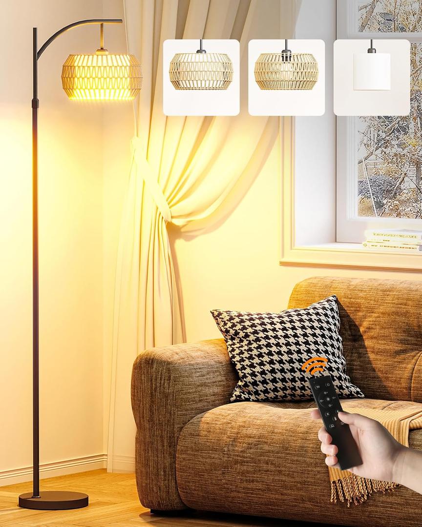Rattan Floor Lamp for Living Room, Upgrade Packaging & Bulb, Boho Floor Lamp with Remote Control, Adjustable Height and 360 Rotation, Farmhouse Arc Floor Lamp for Bedroom, Study, Workroom