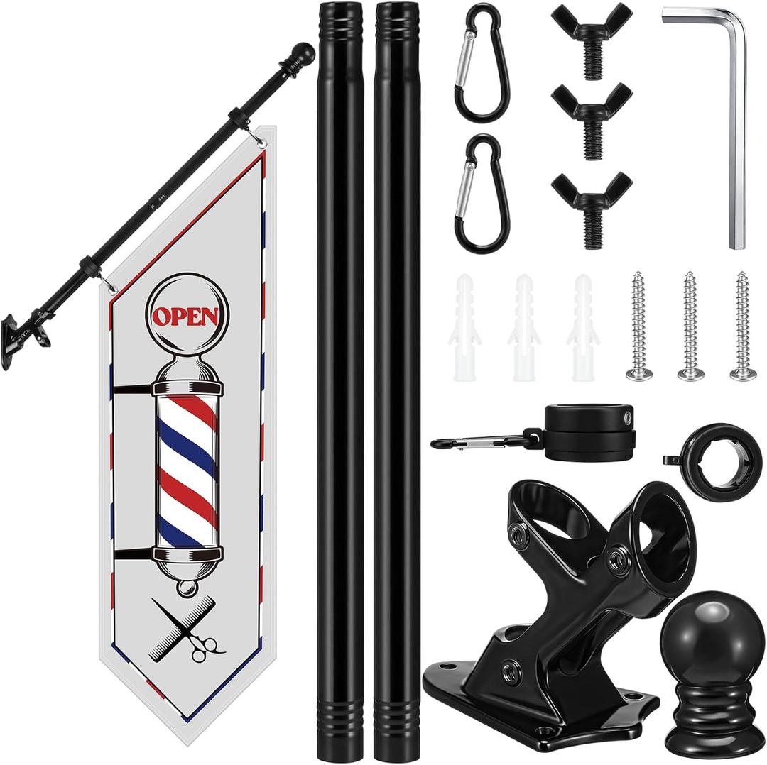Jetec Outdoor Barber Shop Banner Sign Barbershop Wall Mounted Flag 12 x 41" Double-sided Heavy-duty Canvas Advertising Swooper Feather Flag with Pole Kit & Metal Bracket for Salon Haircut Storefront