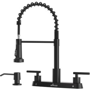 APPASO 4 Hole Kitchen Faucet, Matte Black 2 Handle Kitchen Faucet with Pull Down Sprayer, Modern Spring 3 Hole Faucet for Kitchen Sink3 Modes Kitchen Sink Faucet with Soap Dispenser