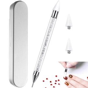 Nail Rhinestone Picker Dotting Tool with Extra 2 Wax Head, Dual-ended DIY Nail Art Tool With Pink Acrylic Handle (WHITE)