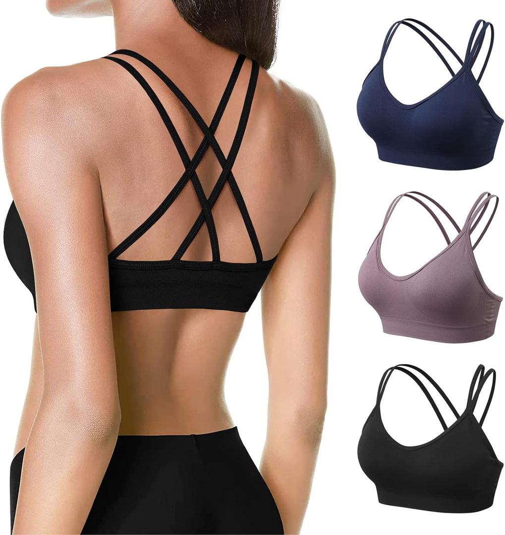 VEQKING Women's Cross Back Sports Bra Padded Strappy Medium Support Yoga Bra for Workout Fitness 3 Pack (3pack(Black+Navy Blue+Purple)), M