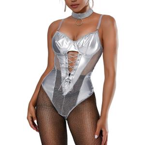 Kaei&Shi Rave Outfits Bodysuit Tops, Fishnet Corset Body Suit, Sexy Lingerie For Women, Faux Leather Festival Goth (12-14, Silver)