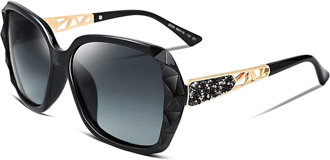 FEISEDY Polarized Women Square Sunglasses Sparkling Composite Shiny Frame B2289 (2 Black/Fade Smoke)
