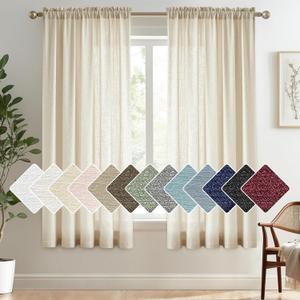 Melodieux Beige Semi Sheer Curtains 54 Inches Long, Bedroom Short Sheer Curtains, Faux Linen Farmhouse Light Filtering Rod Pocket Shiny Sheer Drapes Home Office, 52" W x 54" L, 2 Panels