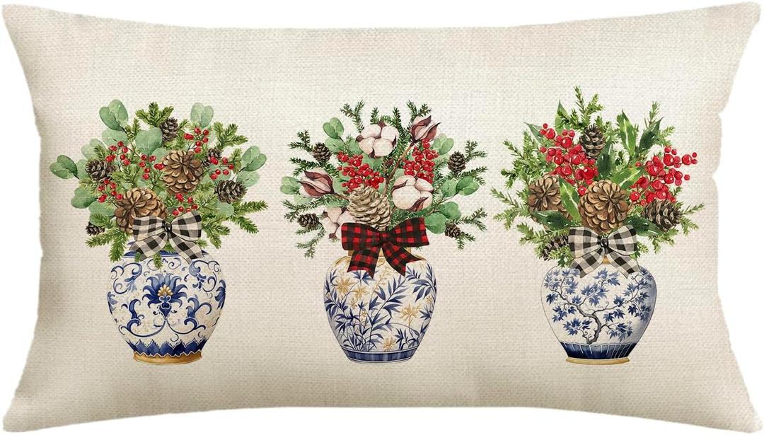 Christmas Eucalyptus Mistletoe Throw Pillow Cover, 12 x 20 Inch Chinoiserie Pillowcase Winter Holiday Cushion Case Decoration for Sofa Couch