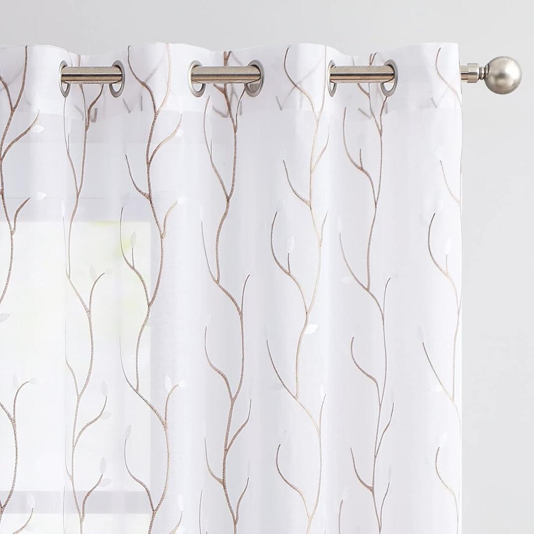 jinchan White Sheer Curtains for Bedroom 96 Inch Length Leaf Embroidered Semi Sheers for Living Room Botanical Embroidery Voile Transparent Grommet Window Treatments 2 Panels