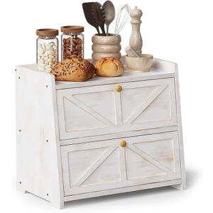 Vintage Double Layer Bread Box for Kitchen Counter Bamboo Bread Storage Container Large Capacity Bread Storage Bin (Antique White),  2 layers of 15.8”L x 9.8”W x 13.8”H