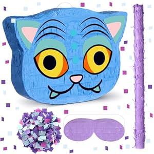 PullCrease Kpop Cat Piñata 12.5 x 9 Inch Kpop Theme Blue Cat Shaped Piñata with Blindfold Bat for Purple Birthday Decoration Friendship Fans Favor Decoration Wedding