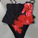 ZAFUL Women's Bandeau Tankini Swimsuit Asymmetrical Slit Bowknot String High Cut Fairyland Cheeky Bathing Suit(5-Flower-Black, M)