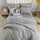 7 Pieces Grey Queen Comforter Set, Boho Tufted Bed in a Bag, Checkered Farmhouse Shabby Chic Soft Bed Set, All Season Plaid Comforter with Sheets, Pillowcases & Shams