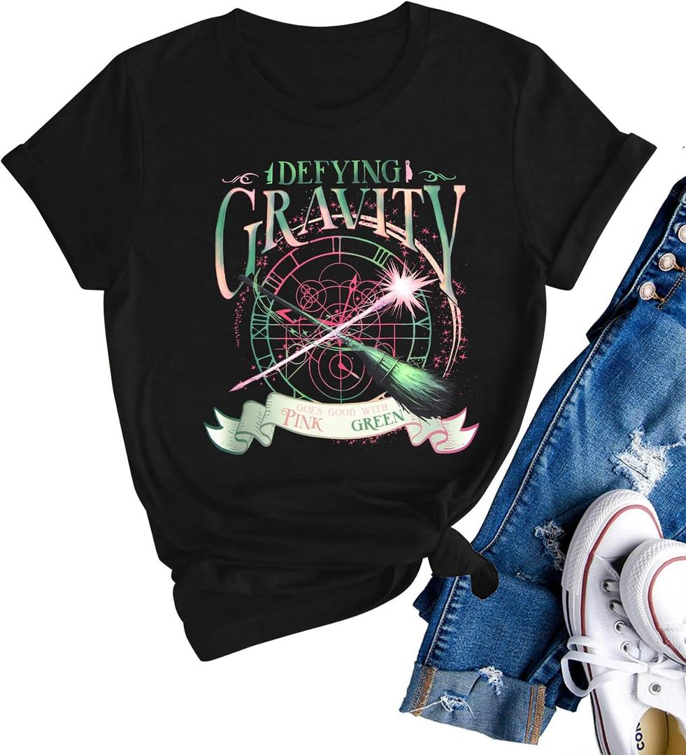 Women Pink Goes Good with Green Shirt Embroidery Musical Movie Shirts Witch and Princess Tee Musical Fan Gift Tops (Small, Deep Black)