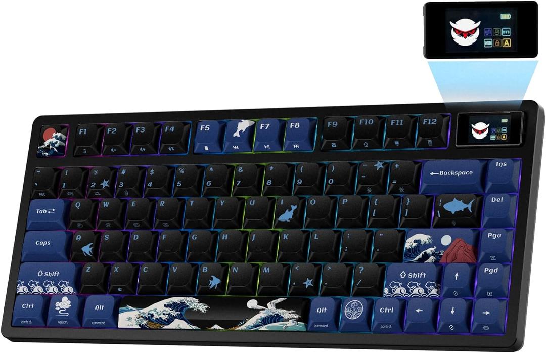 XVX 75% Keyboard with Color Smart Display, L75 Pro Low Profile Gasket Mechanical Gaming Keyboard, Bluetooth 5.1/2.4G Wireless/Type-C Wired Custom Anime Key board with RGB Backlit, Black Kanagawa Theme