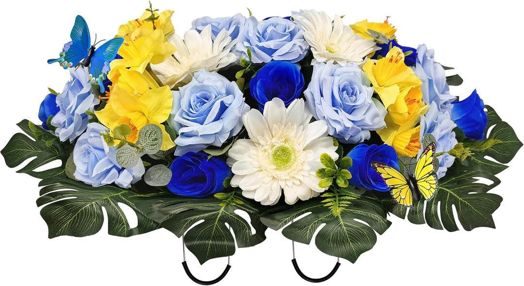 MUVIC Artificial Cemetery Flowers Saddle for Grave, Long-Lasting Bright Color, Graveyard Decoration-Rose Gerbera Daffodil, Cute Fake Butterfly Included, Blue/White