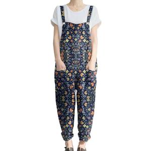 KMAZN Women's Casual Loose Long Cotton Bib Overalls Baggy Plus Size Jumpsuits Rompers (L)