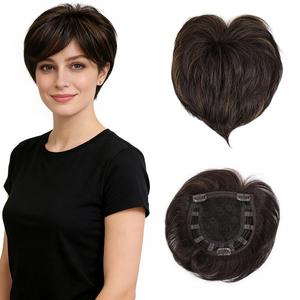 MyLike 5.5" Pixie Cut Hair Toppers with Bangs, Natural Curly Synthetic Hairpieces for Women Thinning Hair - Rich Chestnut Brown