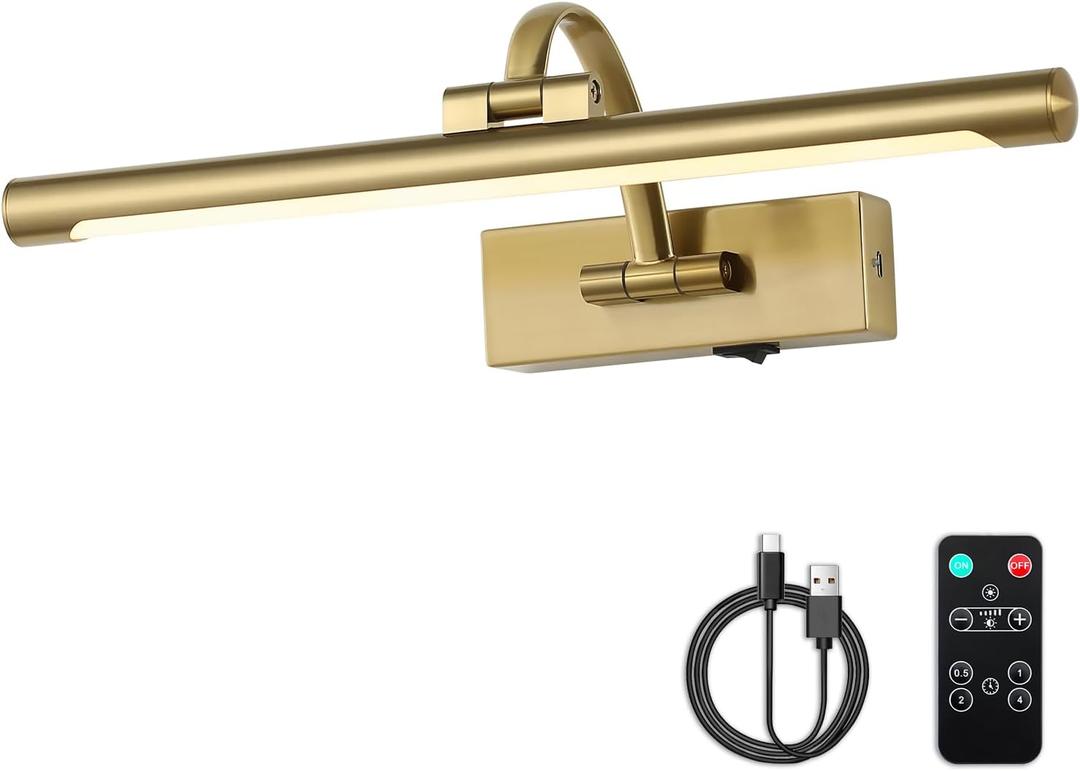 DESOOP Battery Operated Picture Light with Remote and Timer, Wireless Art Lights for Paintings Brass Rechargeable Gallery Light Dimmable Artwork Lighting for Canvas, Portrait 16'' Inch Warm White