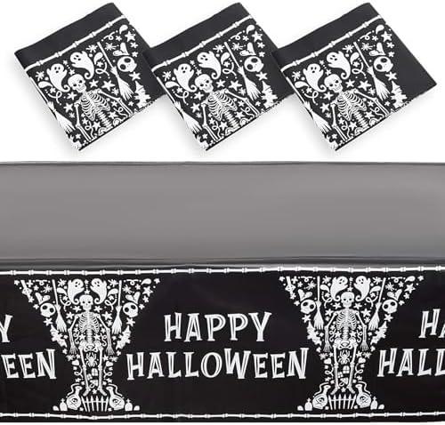 Spooky Central Skeleton Coffin Happy Halloween Tablecloth, Black Table Cover (54 x 108 in, 3 Pack) - Table Cloths